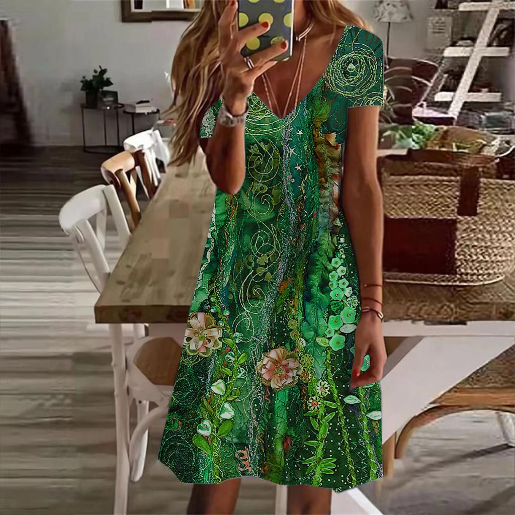 Sommermode Damen V-Ausschnitt Kurzarm Blumen bedrucktes Kleid Sex Kurzer Rock Kleider