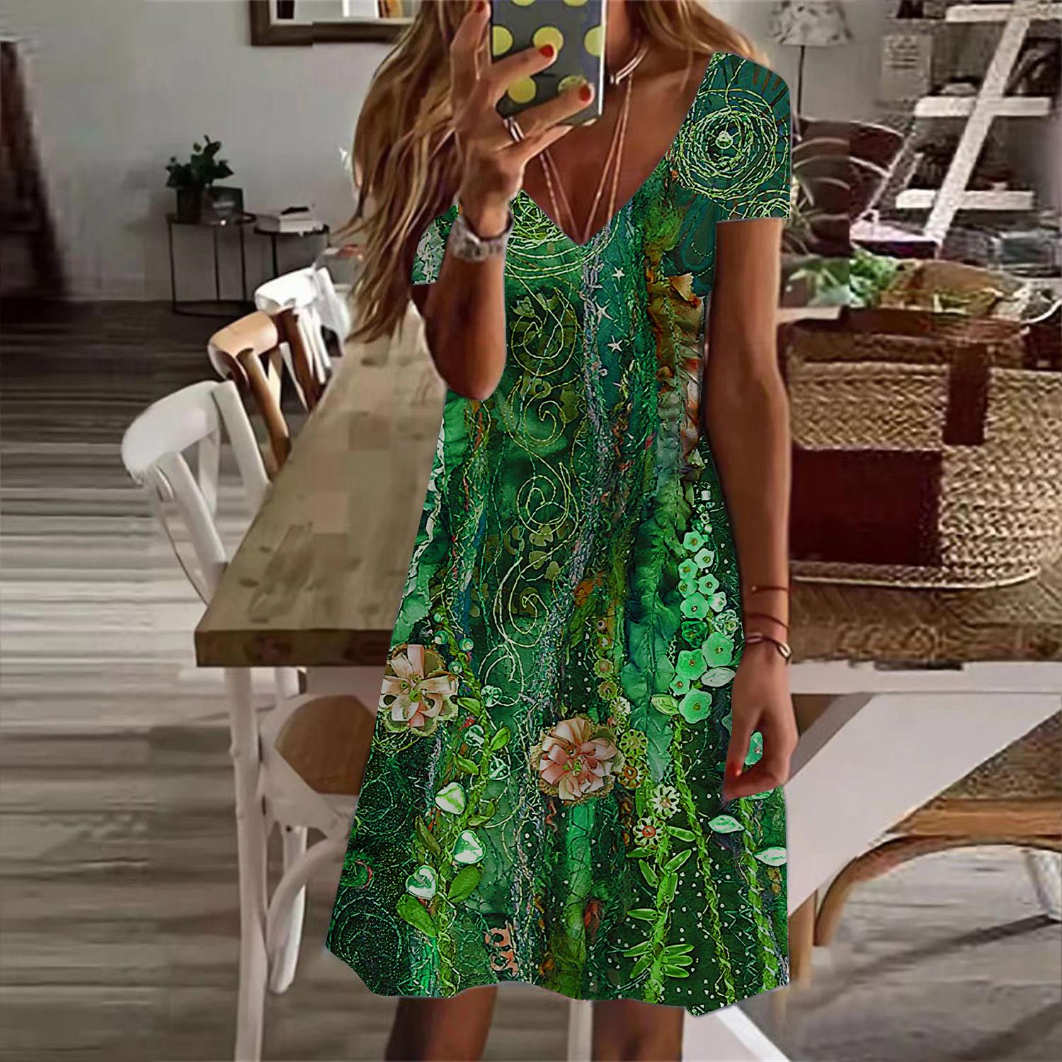 

Летняя мода женское платье с V-образным вырезом и коротким рукавом фиолетовое сверкающее цветочное платье с принтом сексуальное платье 8XL зелёный