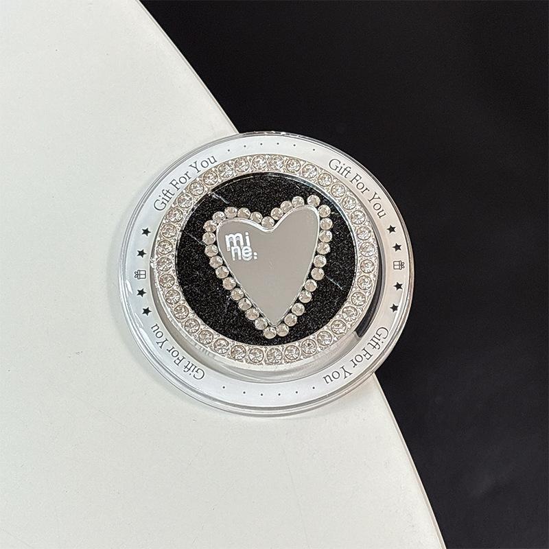 Luxury Mobile Phone Airbag Holder Magnetic Paste Leather Round Rhinestone Heart Mirror High-End Female