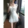 Women Square Neck Ruffle Fly Sleeve Mini Dress Lace Hem Drawstring Waist Slim Bodycon White Cute Dating Short Dress Summer