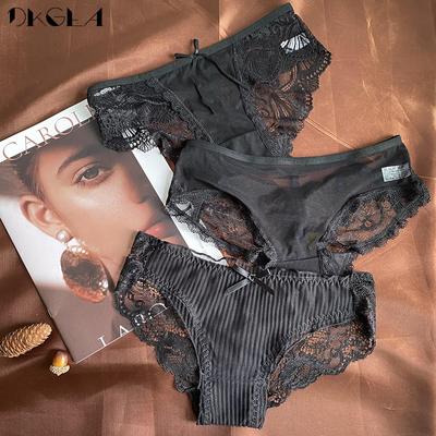 DKGEA 3 Stück Schwarz Sexy Höschen Low-Rise Damen Unterwäsche Spitze Unterhose Transparente Slips
