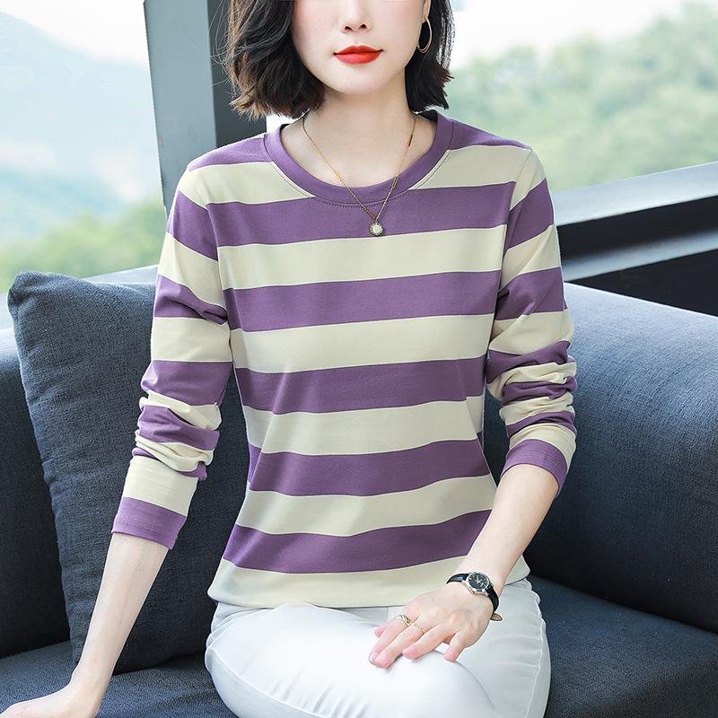 Middle-aged Mom Autumn Clothes Plus Size Loose Cotton Long Sleeve T-shirt Women's Autumn Clothes Wear Undershirts with Striped Tops