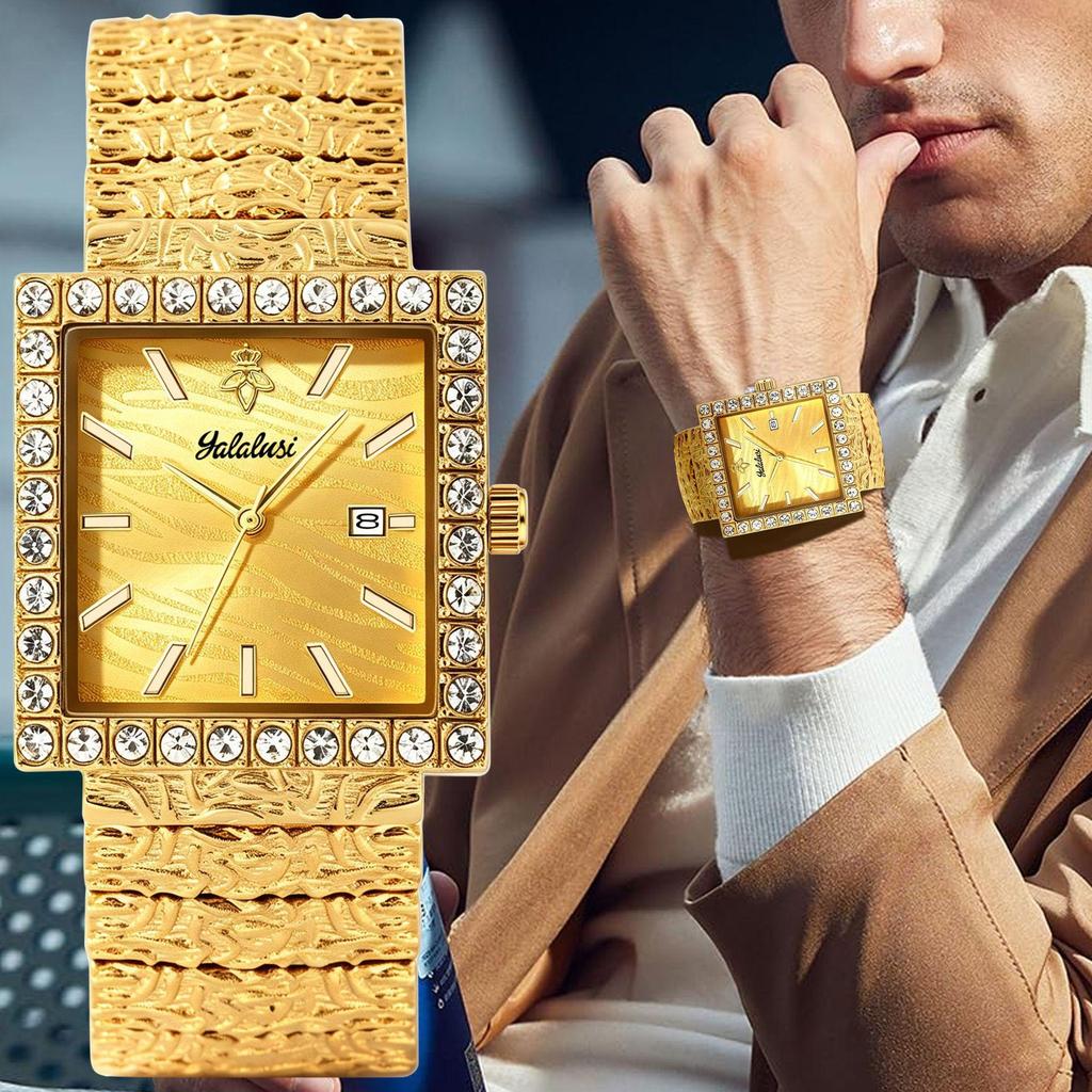 Luxury Square Quartz Watch Crystal Bezel Textured Dial Vintage Carved Metal Bracelet Waterproof Daily Dress Watch for Men Women Couple Matching Watch