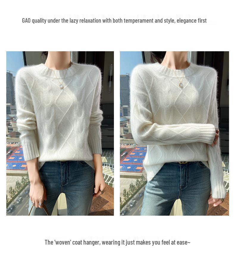 Women's Soft Cashmere Sweater, Round Neck, Diamond Jacquard, Thick Knit, Loose Fit, Base Layer