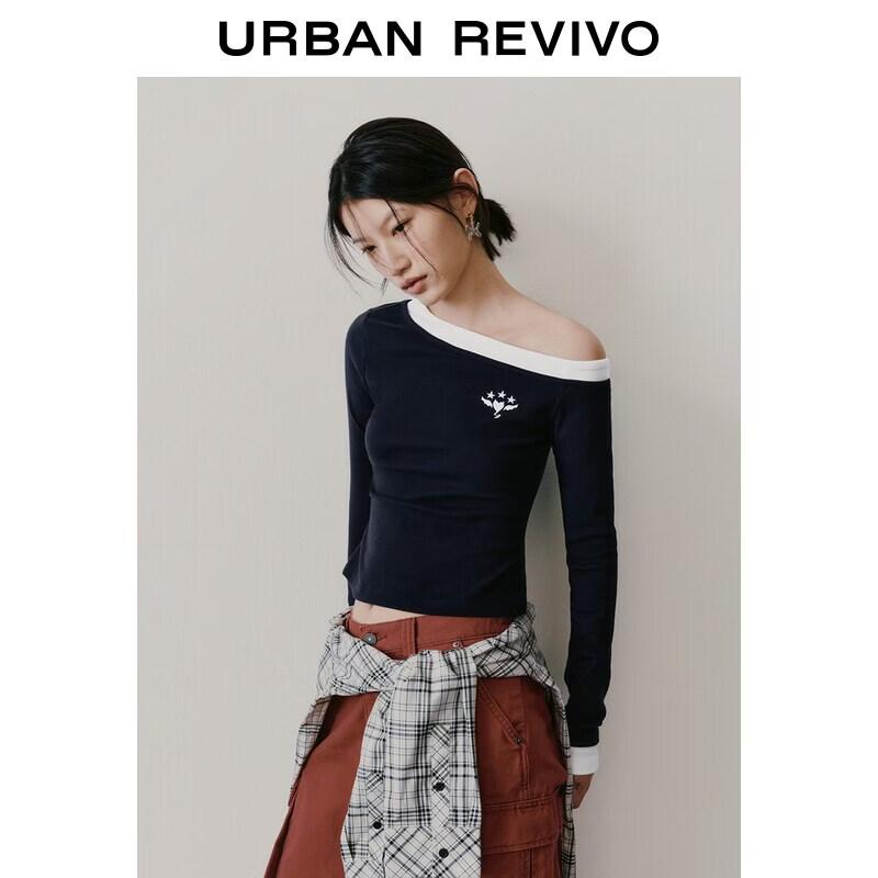 

UR 2026 Spring Asymmetrical Faux Two-Piece Embroidered Slim T-Shirt L