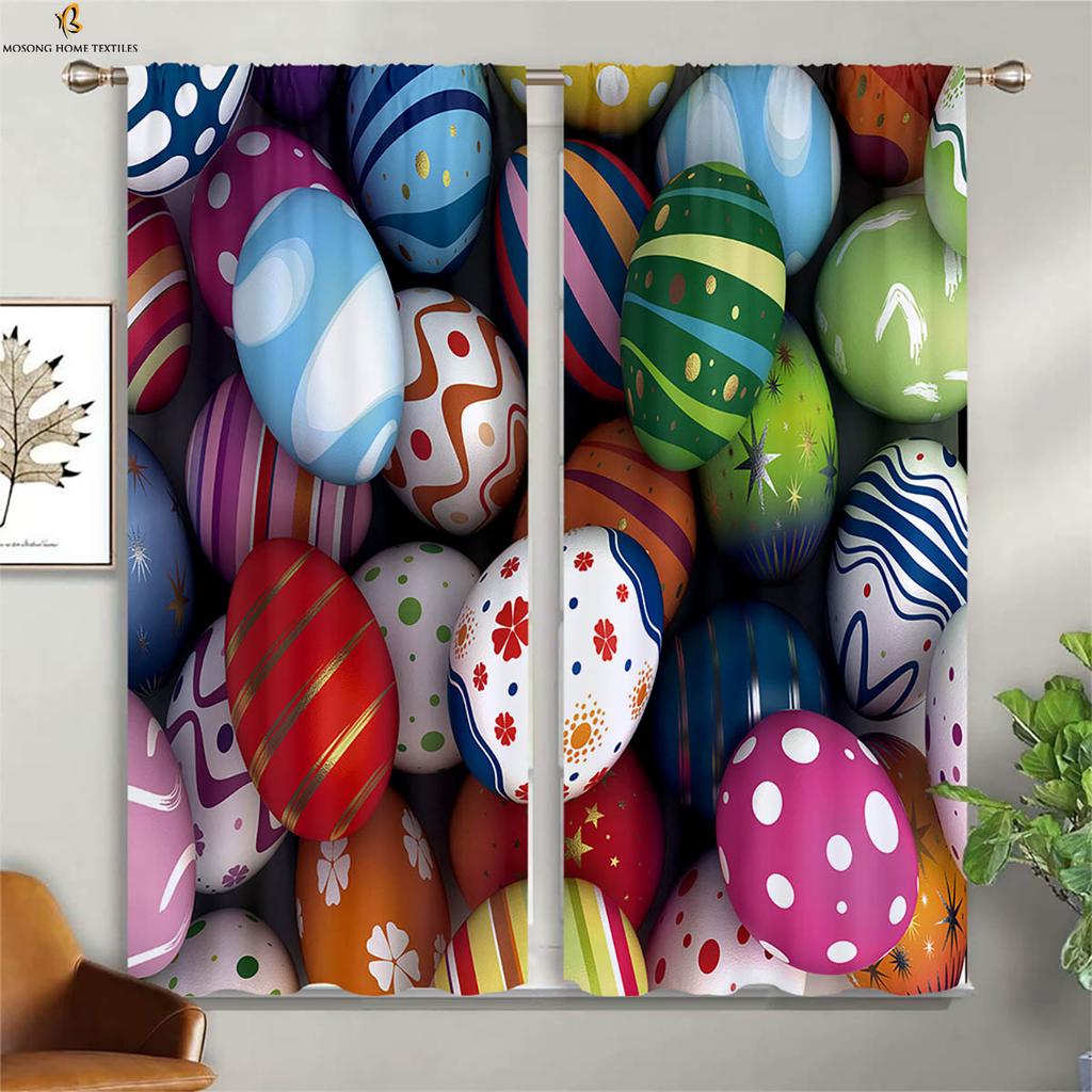 Set Of 2 Cute Cartoon Rabbit Colored Eggs Easter Print Curtain Bedroom Living Room Children Decorative Curtains Made Polyester Great Window Treatment