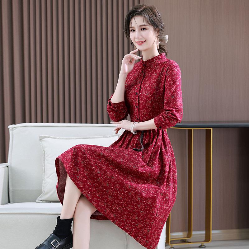 Damen Schlankmachendes Baumwoll-Blumenkleid mit Rüschenkragen - Frühling/Herbst 2025