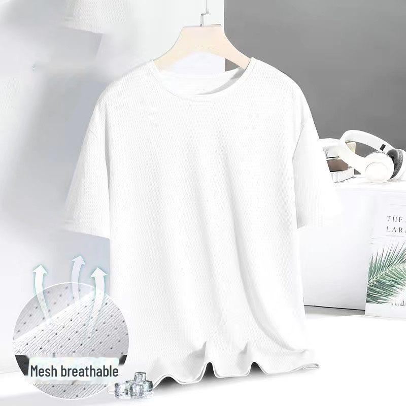 Men's Quick-Dry Gray Ice Silk Mesh Short-Sleeve T-Shirt, Breathable and Trendy Round Neck for Sports