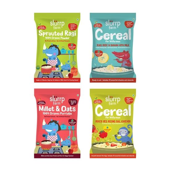 SLURRP FARM No Sugar, No Salt First Foods Cereal Trial Pack Combo | | Made With Ragi, Oats, Jowar, Real Fruits| 50 G*4 | 12 X 20G Packs