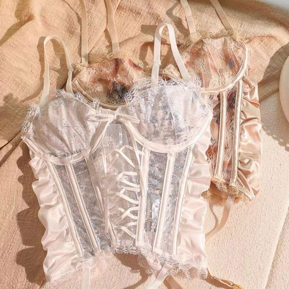 Sleeveless Satin Lace-up Corset Mesh Transparent Slim Crop Tops Elegant Suspender Vest Travel
