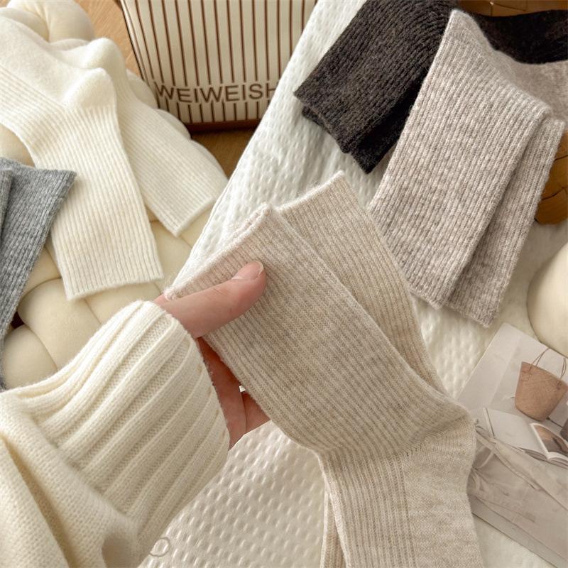 Jednobarevné teplé vlněné ponožky ke kotníkům pro ženy s jemnými proužky a vysokoškolským stylem, silné ponožky na podzim a zimu