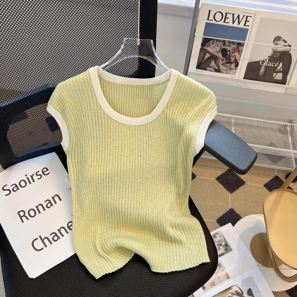 Top versatil de damă cu mânecă scurtă, tricotat în stil coreean, cu blocuri de culoare, de înaltă calitate, cu gât rotund