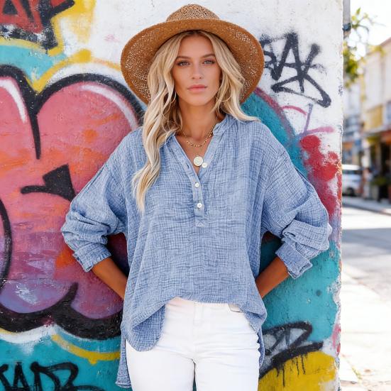 Women Shirt V-Neck Buttons Half Placket Long Sleeve Pullover Tops Solid Color Loose Fit Pleated Tops Casual Tee Daily Wear