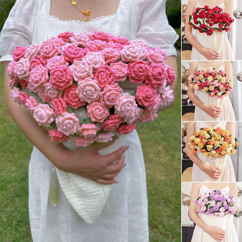 Multicolored Pointed-Angled Rose Bouquet Blankets Hand-Knitted Crocheted Rose Sofa Blankets Wedding Valentine Girlfriend Gifts