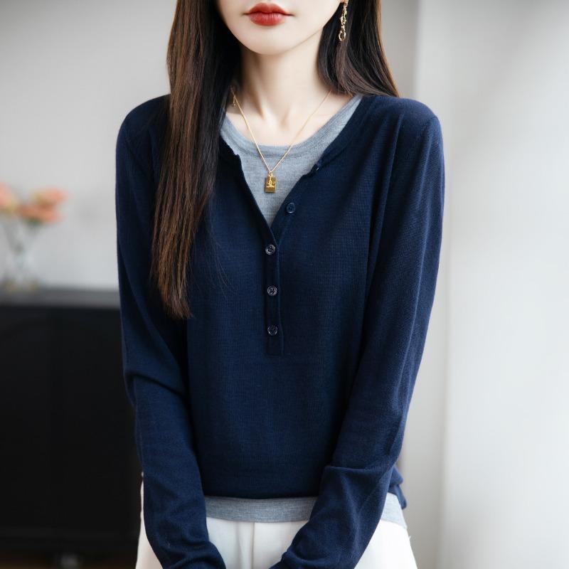 Women's Style Pullovers Simple Versatile Bottoming Sweater for Women New Fall Winter Fake Two-piece Contrasting Color Sweater