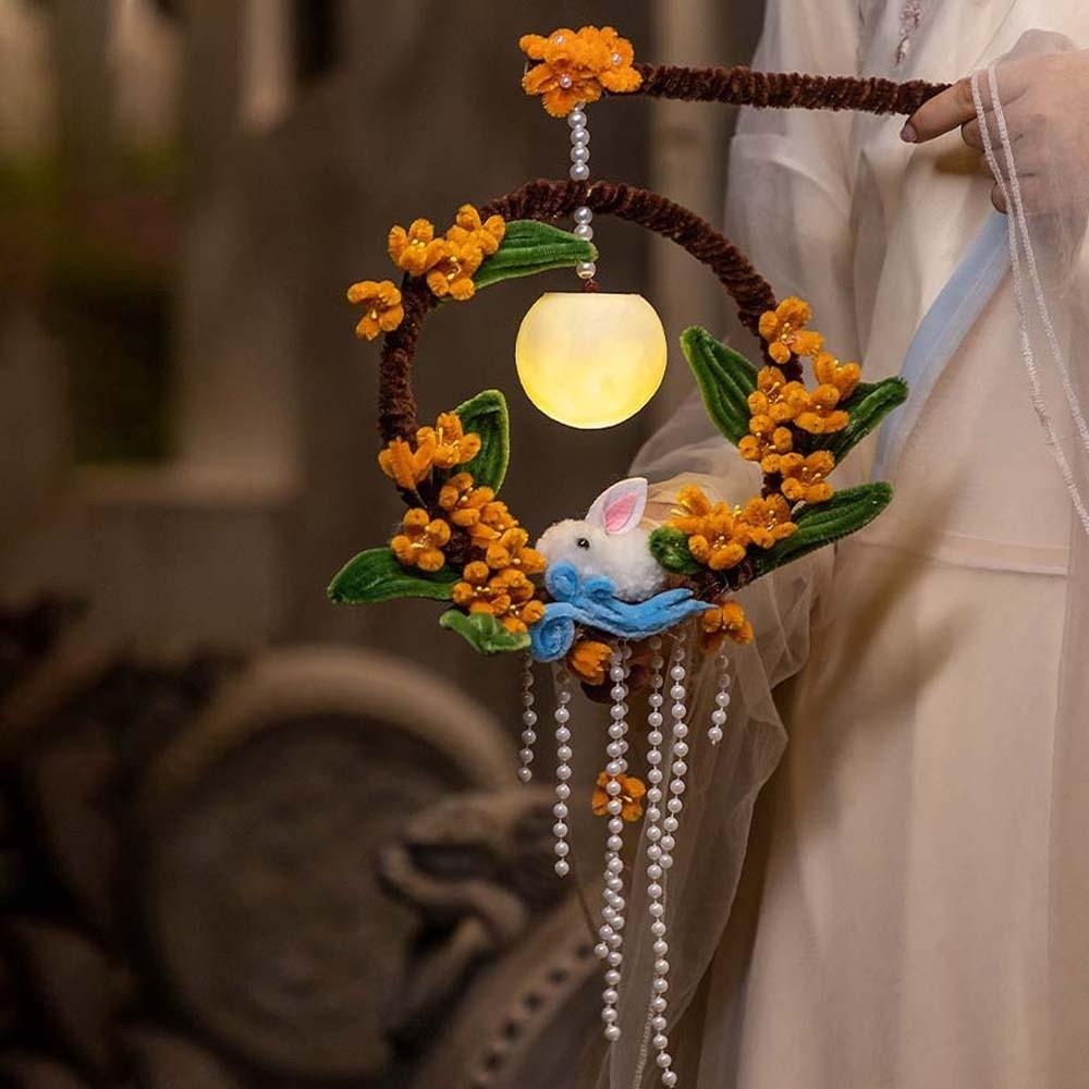 Handmade Rabbit Hoop Lamp Glowing Chenille Stems Craft Bunny Wreath Lantern  Mid-Autumn Festival
