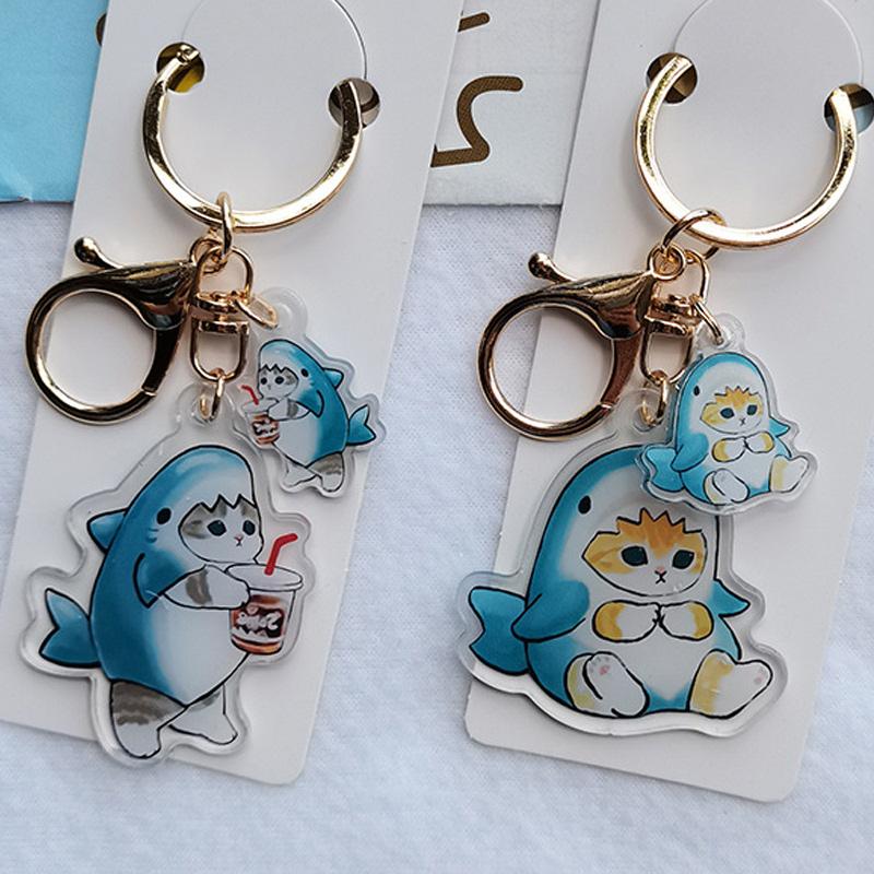 Transparent Double-Sided Shark Cat Keychain Key Chain Accessories Cartoon Cat Pendant Cute Animal Cat Keyring Student Gift