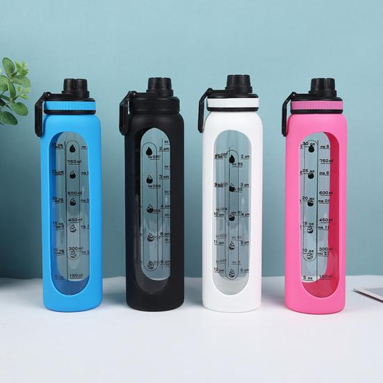 Glaswasserflasche mit Silikonhülle Zeitmarkierung 1000ml Auslaufsicher Borosilikat Wasserbecher für Sport Fitness Büro BPA-frei Getränke Geschenkidee