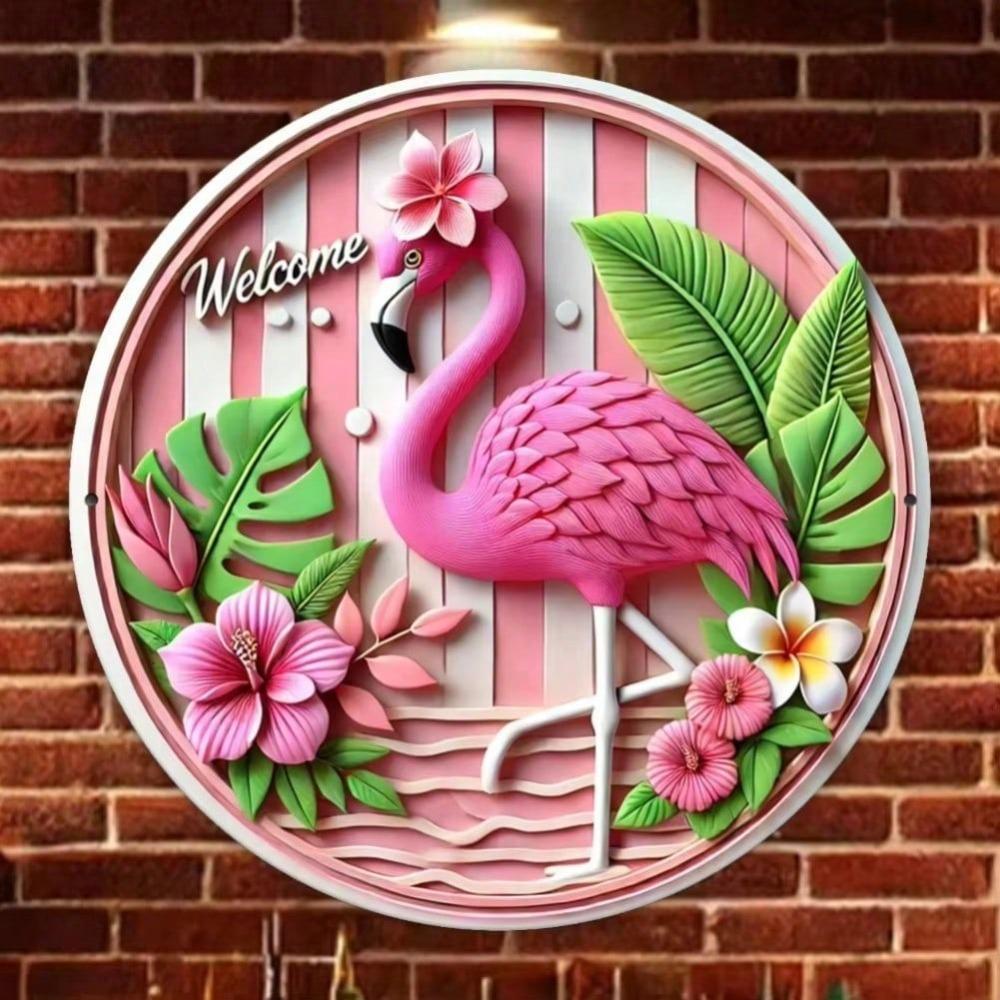Stilvolles 2D Flaches Metallschild Rosa Flamingo Kranz für Heimwanddekoration Schlafzimmer Wohnzimmer Café