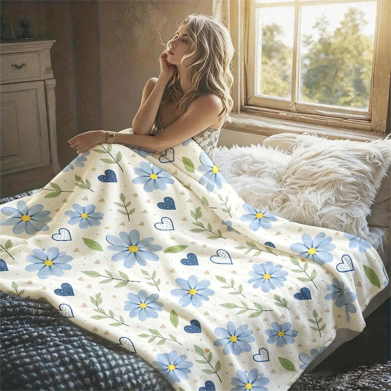 Blue Daisies Hearts Flannel Blanket Perfect for Sofa Office Bed Travel Sleep Read Relax Camping Four Season Use
