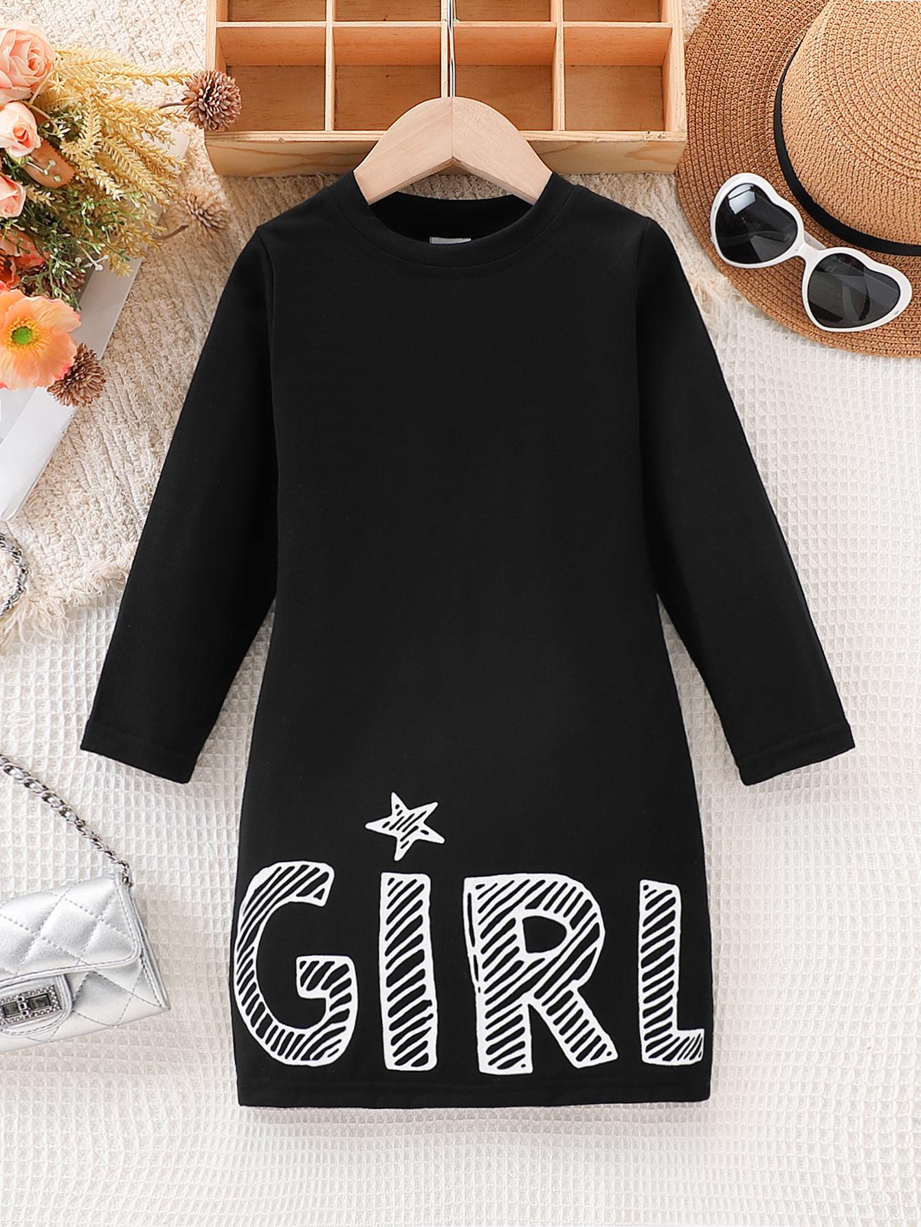 

Girls fashionable casual pure color GIRL letter print round neck long sleeve slim-fitting dress 130 чорний
