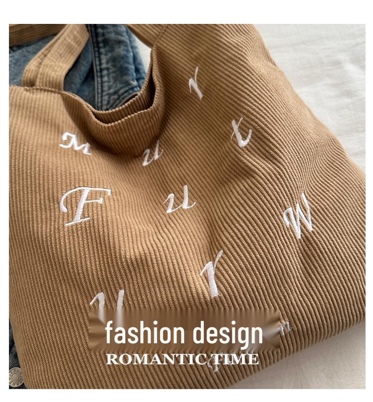 Korean Corduroy Embroidered Tote Bag for Students - Artistic Autumn/Winter Design
