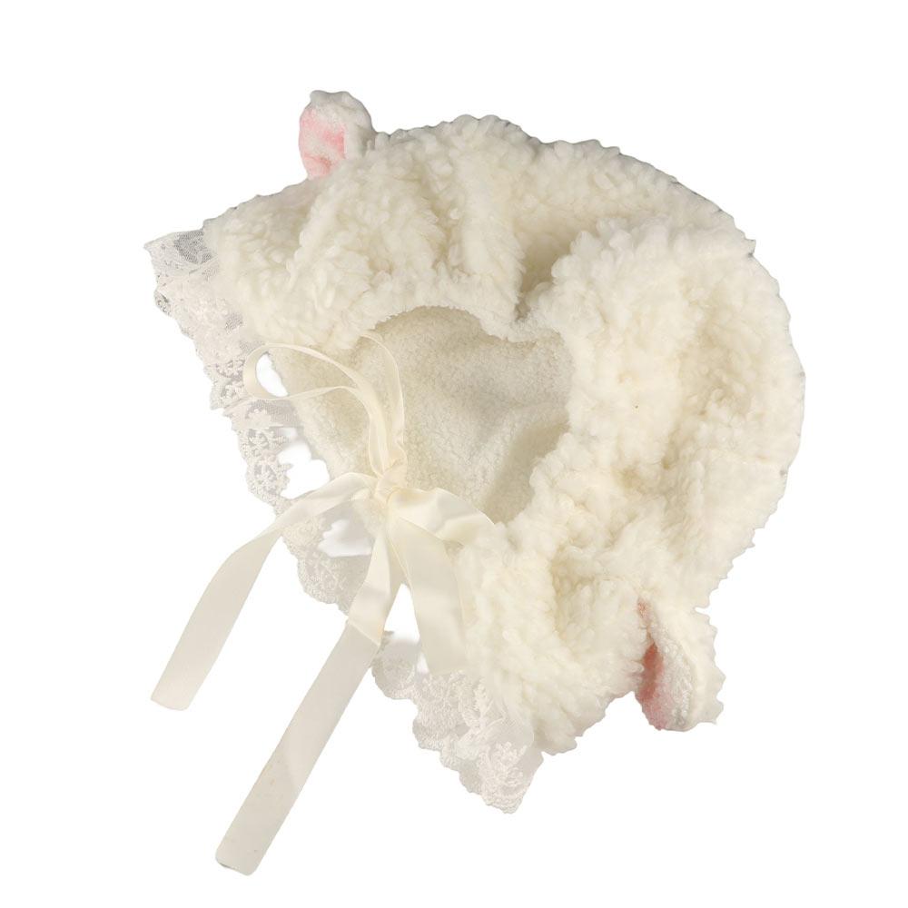 Straps Sheep Ear Plush Hat Japanese Style Lolita Lace Hat Brimless Beanie Cap Lamb Wool Caps  Girls