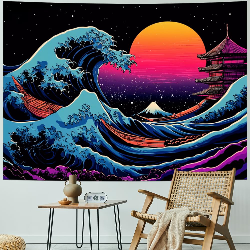 Great Wave Tapestry | Flat Printed Japanese Kanagawa Ocean Wall Art With Sunset & Starry Sky For Living Room & Bedroom Decor