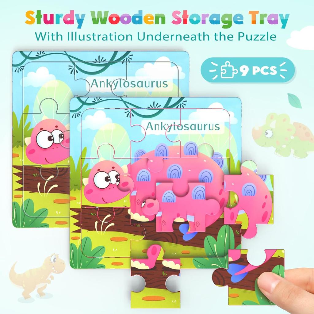 Wooden Puzzles for Toddlers, 8 Pack Dinosaur Jigsaw Puzzles for Kids3-5, 9 Pieces Preschool Learning Activities, Learning & Educational Puzzles, Gift