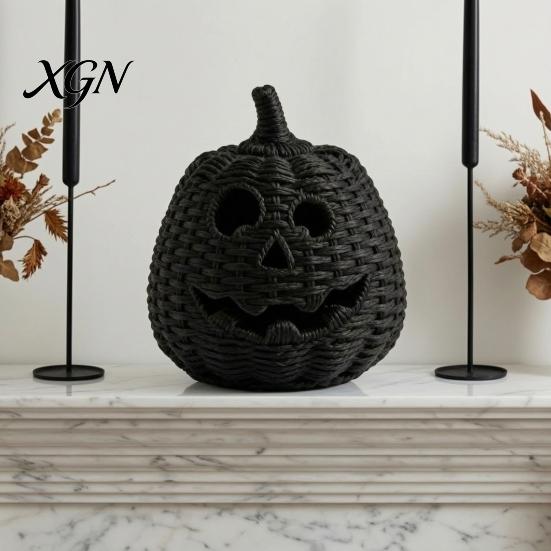 Seasonal Home Display Handwoven Pumpkin Basket with Witch Hat Lid, Rustic Wicker Trick Gothic Table Centerpiece or Treat Bucket for Indoor Outdoor