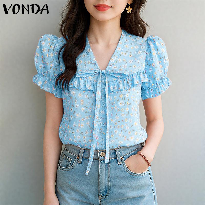 VONDA Elegant Women Floral Print Blouse Casual Puff Sleeve V Neck Ruffled Tops