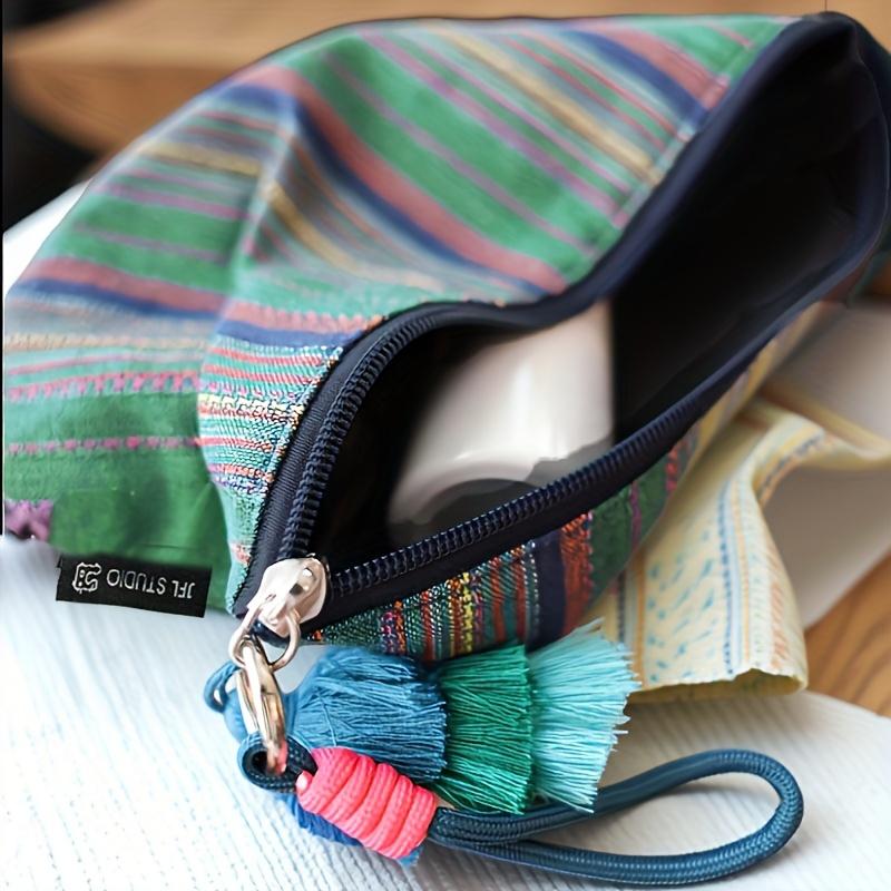 Ethnic Style Striped Makeup Bag with Tassel & Zipper - Compact Travel Storage Pouch for Women, Portable for Handbag & Phone