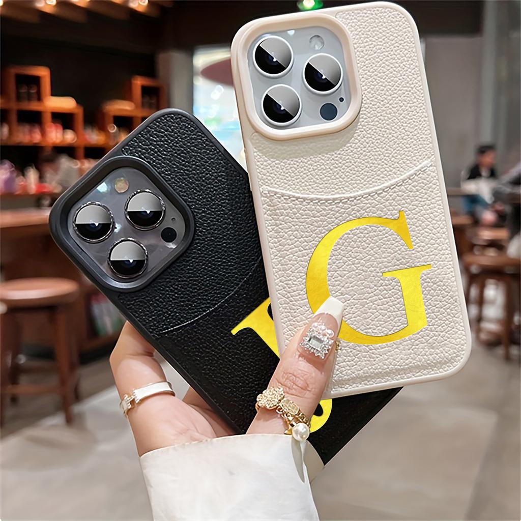 Custom Name Initial Big Letter Insert Card Phone Case For iPhone 16 15 14 13 12 Pro Max Plus Hot Foil Stamping Faux Leather Case