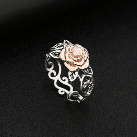 Elegant Two Tone Women Rose Flower Hollow Band Finger Ring Wedding Jewelry Gift