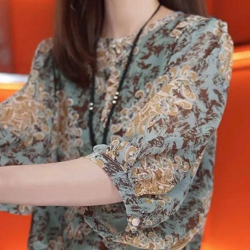 Women Vintage Paisley Print 3/4 Sleeve Chiffon Blouse M