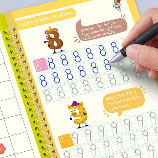 4Pcs Grooved Writing Practice Book with Pens Refills Pencil Gripper Reusable Kids Handwriting Practice Workbooks Alphabet Tracing Learning Book