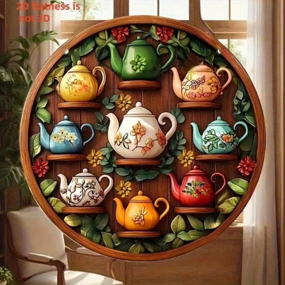 Bohemian Teapot Floral Wreath Round Metal Art 2D Flat Wood Sign Home Gift