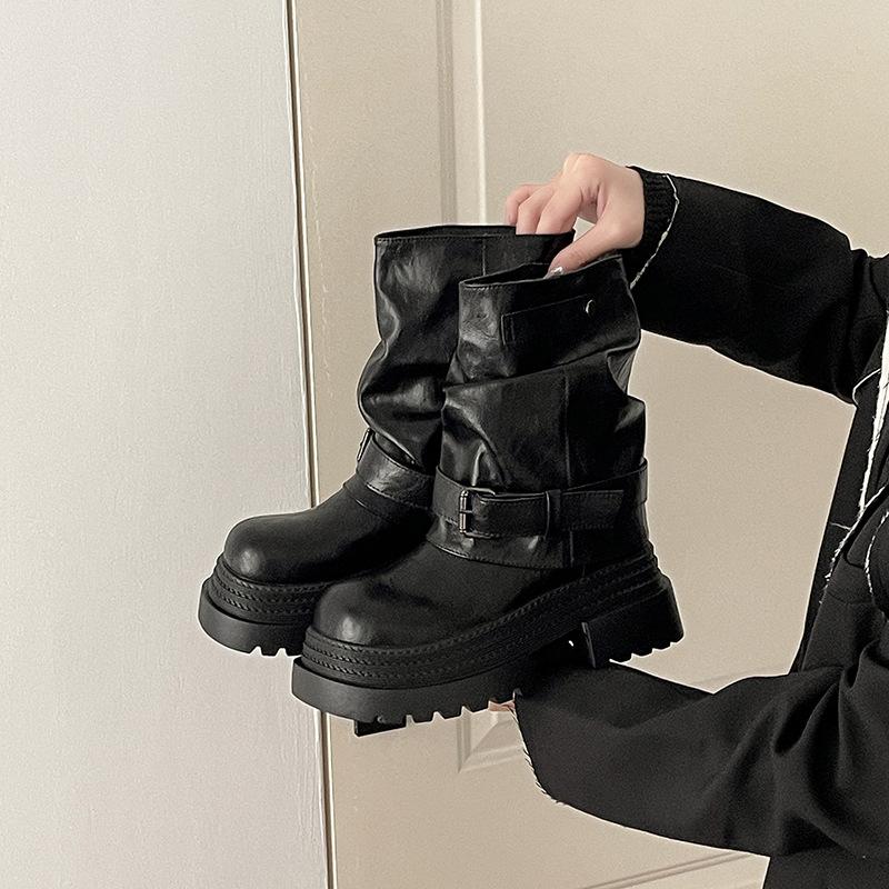 Thick-soled belt buckle Martin boots women's fashion versatile European and American retro 2025 autumn and winter new versatile height-increasing le