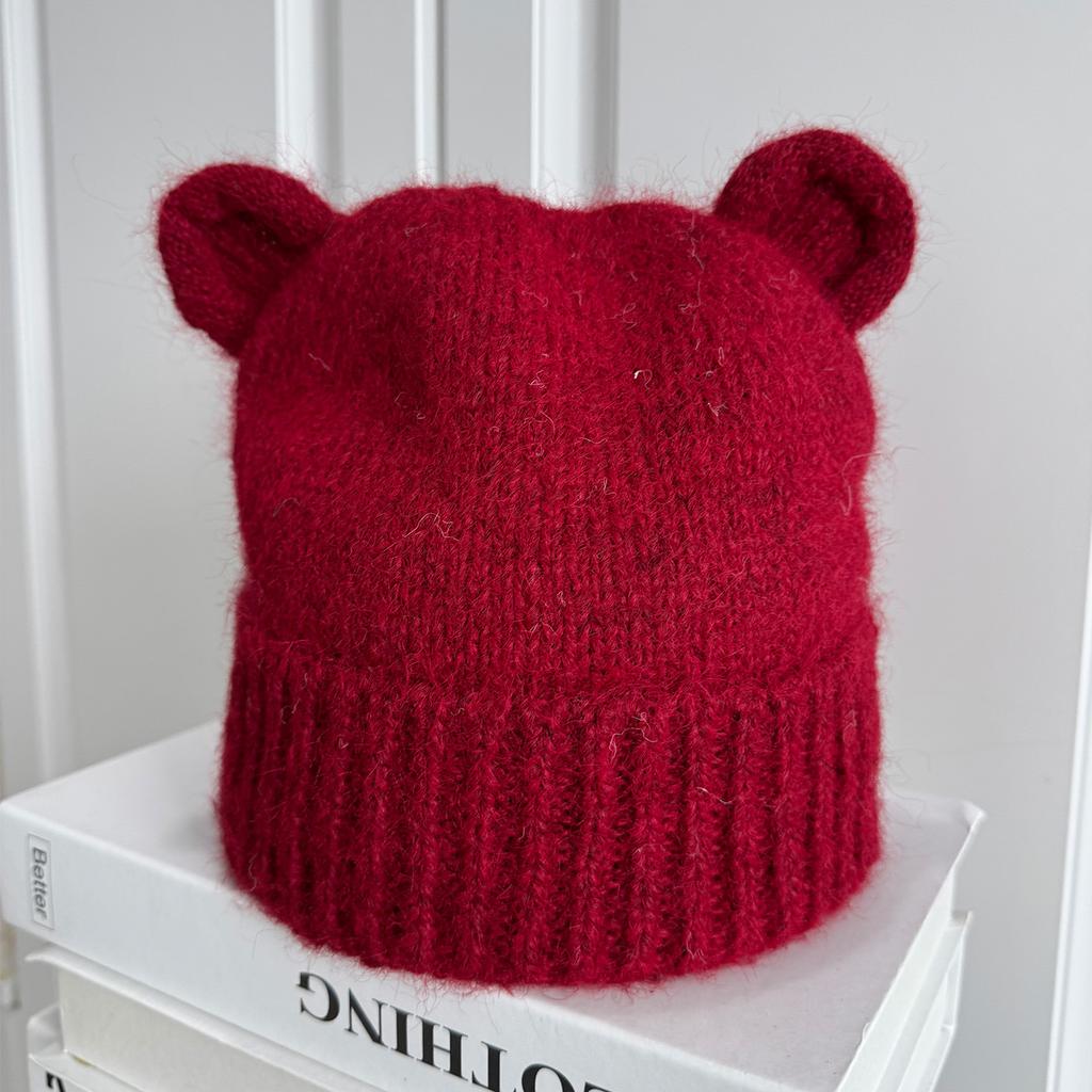 Cute bear ears knitted wool hat women's autumn and winter new simple and versatile warm cold hat