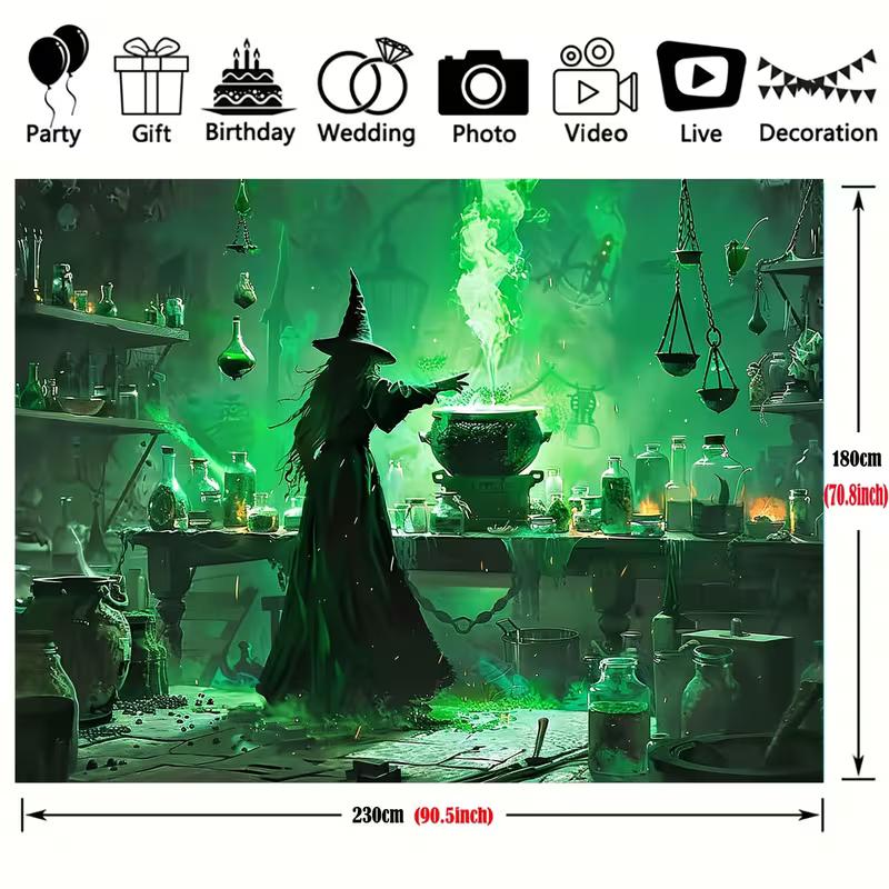 2D Witch Potion Lab Tapestry, Green Magic Cauldron Wall Hanging Background Cloth