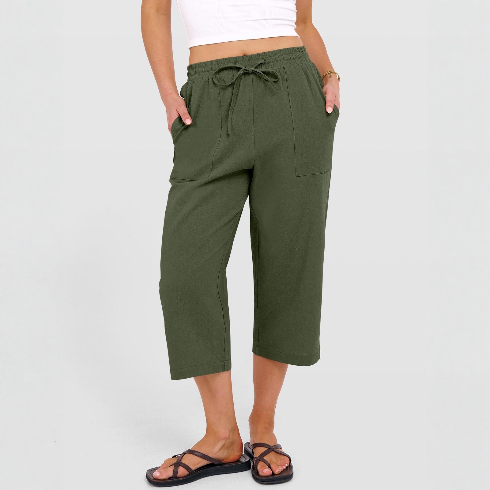 

Capris Pants For Women Summer Casual Loose Drawstring Elastic High Waist Straight Beach Cropped Trousers M