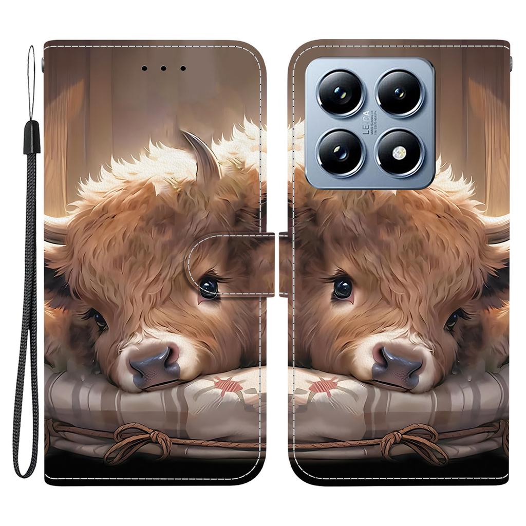 For Xiaomi 14T Leather Case Stand Wallet Pattern Printing Phone Cover with Wrist Strap