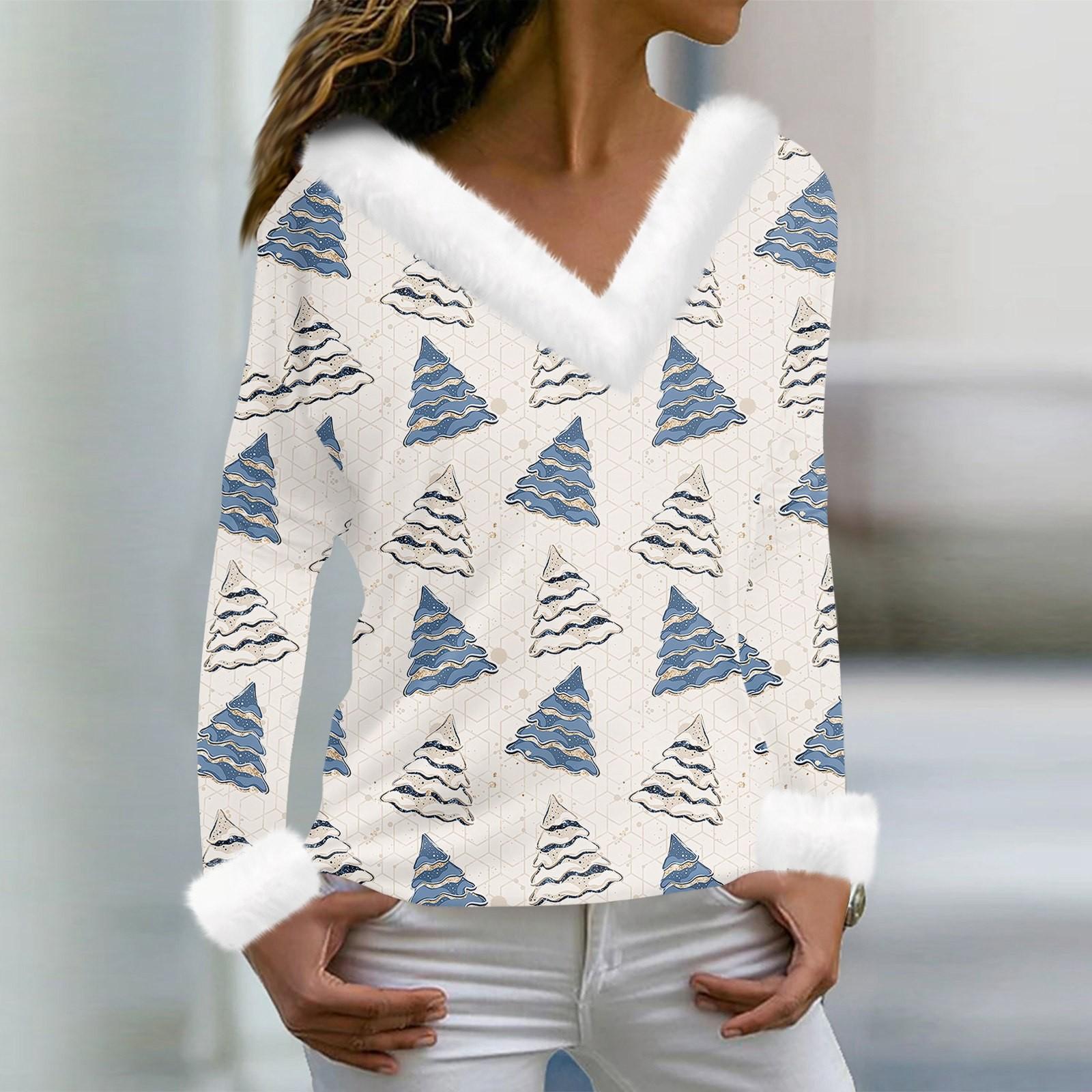 

Женская футболка с рождественским принтом, длинный рукав, флисовый воротник, V-образный вырез, футболка XXXL