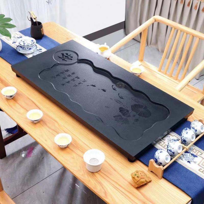 Black Gold Stone Tea Tray: Sleek Desktop Style with Built-in Drainage