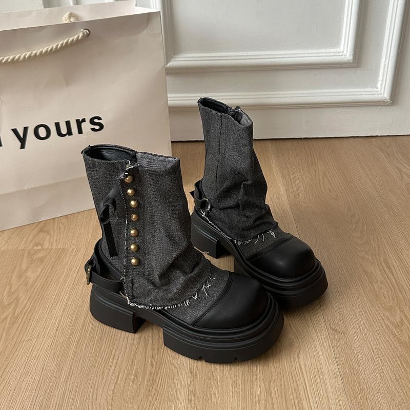 

Джинсовые сапоги-трубы женские на платформе маленький британский стиль ботинки Мартина 2025 новый летний ретро на наборном каблуке короткие сапоги 40 чёрный