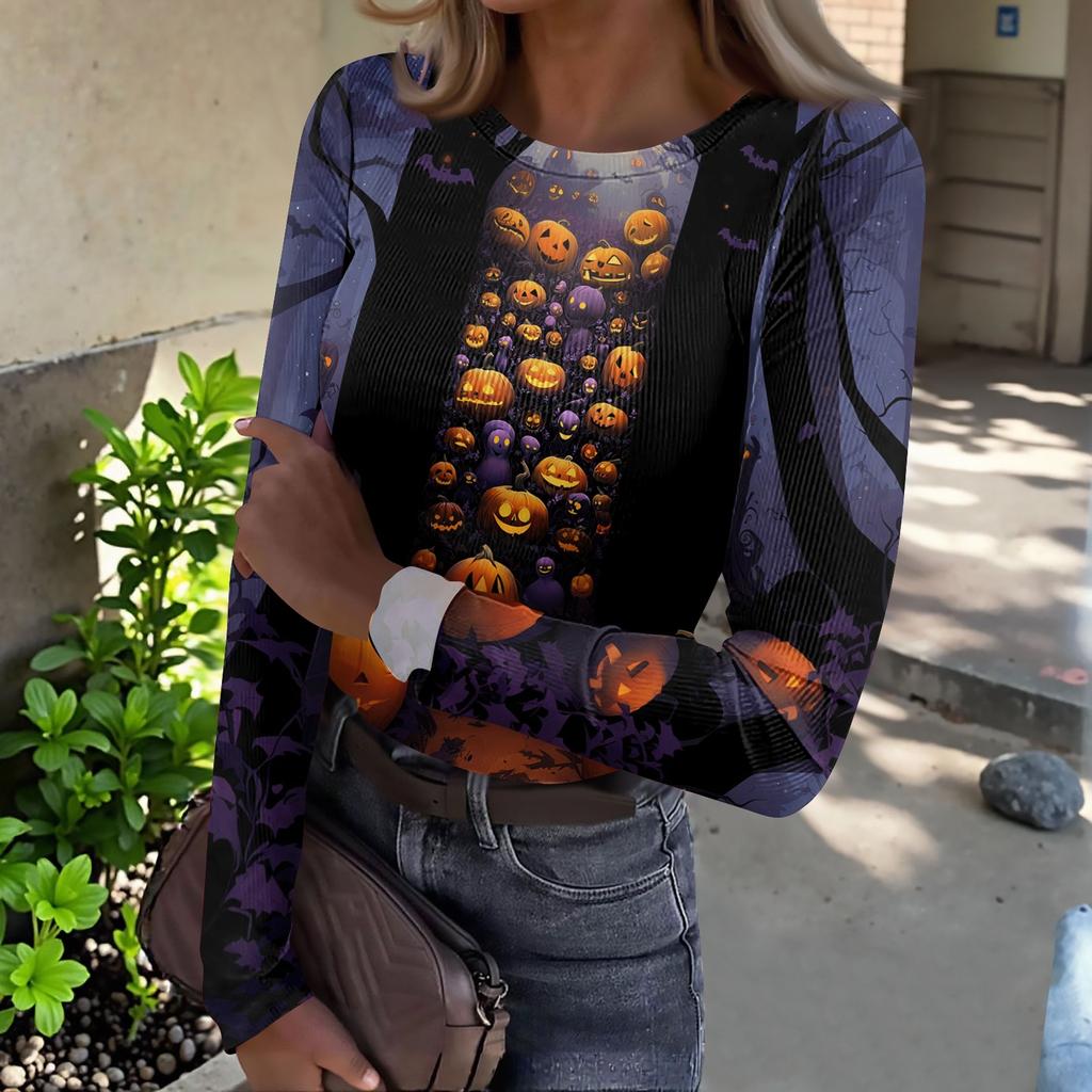 Women's Casual Long Sleeve Ribbed Top Halloween Print Round Neck Stretchy Slim Fit Pullover Shirt for Fall and Winter