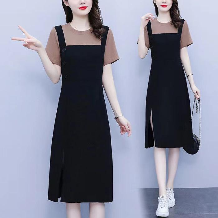 

Плюс Размер Женское Двухсекционное Платье Сращивания Повседневное Свободное Тонкое Летнее Платье С Разрезом 3XL верблюд