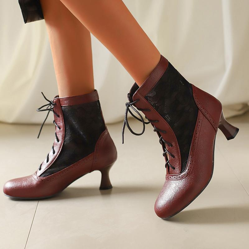 Retro Cosplay Summer Boots Women Patchwork Mesh Shoes Spring Victoria Leather Chunky Kitten Heels