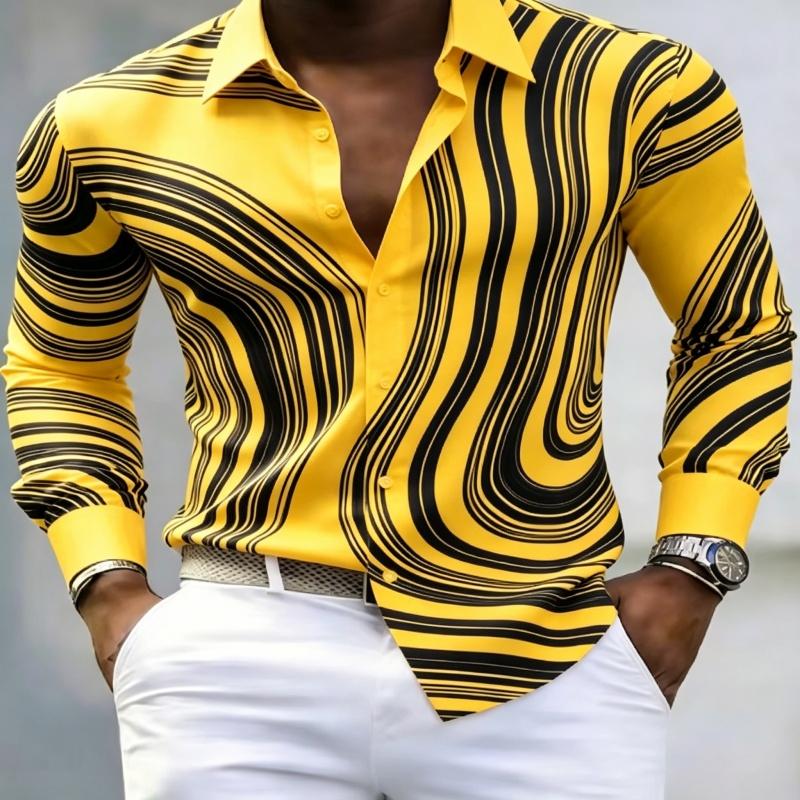 European American Trendy Men Abstract Swirl Stripe Printed Long Sleeve Shirts Spring Autumn Soft Stretch Silky Fabric Lapel Butt