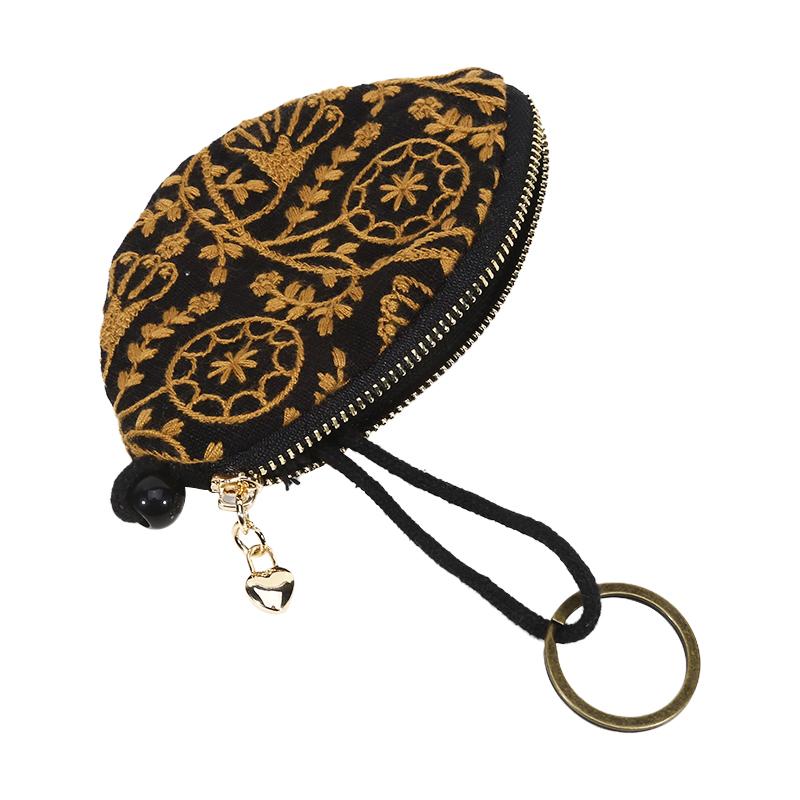New Embroidered Mini Coin Purse Small Cotton Keychain Pendant Pouch Zipper Car Key Bag Portable Ethnic Flower Style Bag for Girl